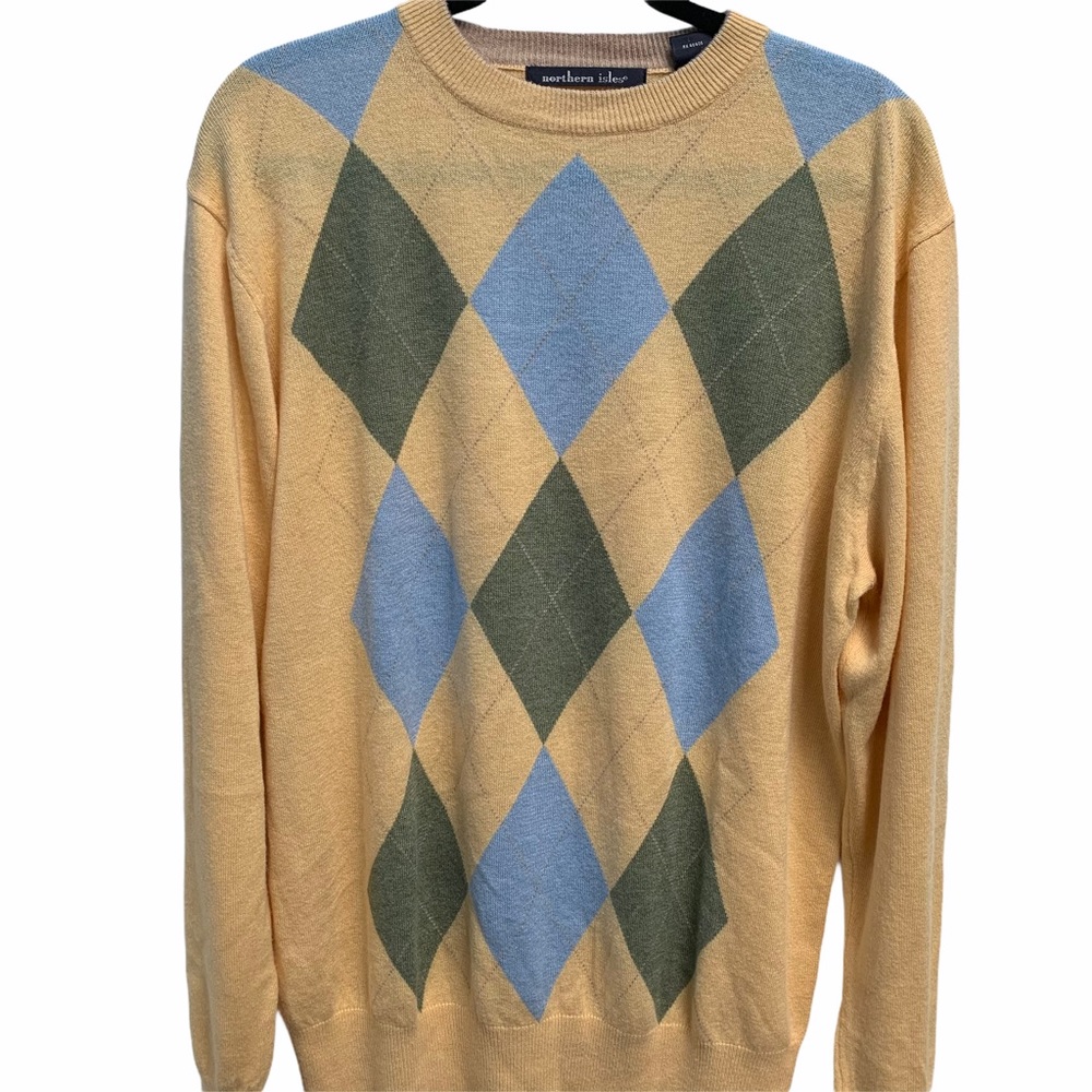 Northern Isles Lt Yellow Argyle Crewneck Sweater M